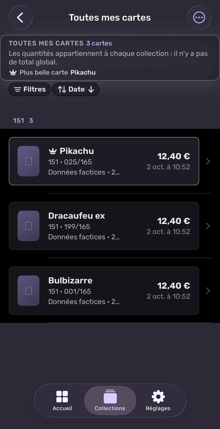Toutes vos cartes, regroupées par set