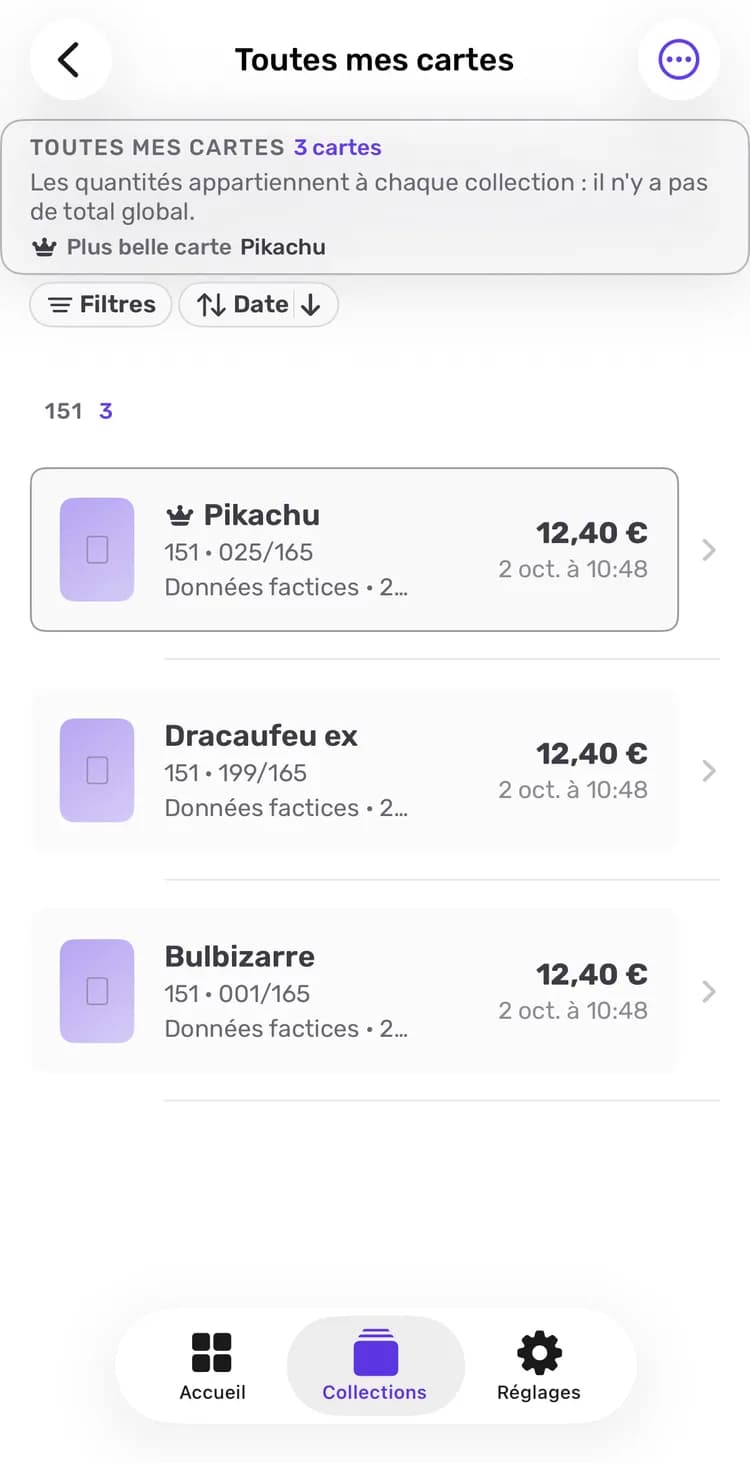 Toutes vos cartes, regroupées par set
